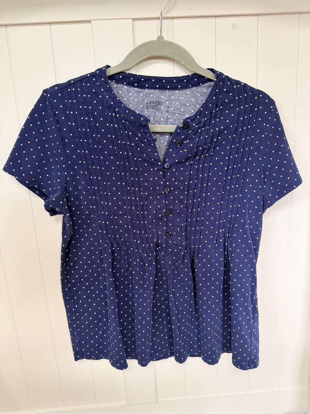 Lands' End Navy White Polka Dot Pintuck Button-Front Top